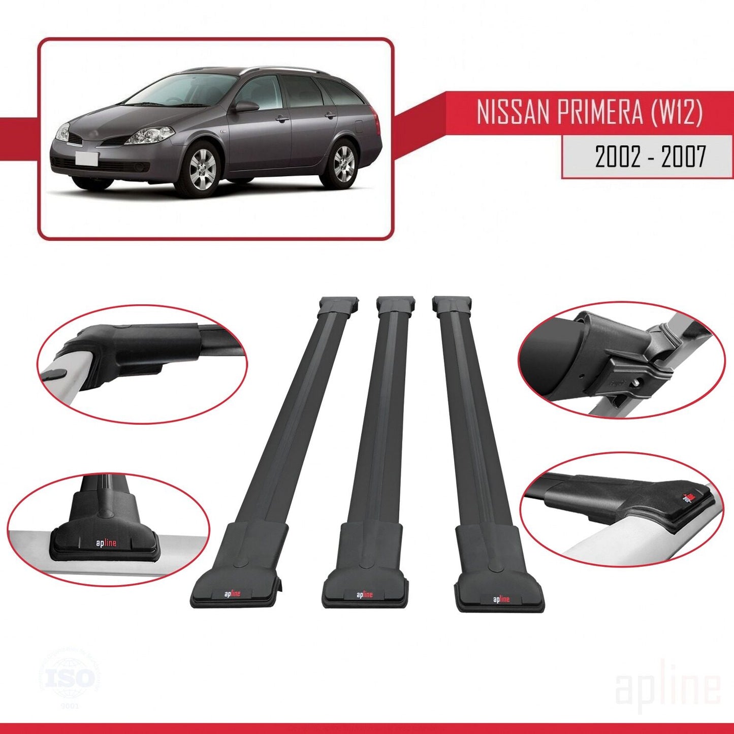 Kompatibel mit Nissan Primera 3 (W12) Traveller 2002-2007 FLY Model Relingträger Dachträger Auto Gepäckträger Schwarz Aluminium 3 Stangen