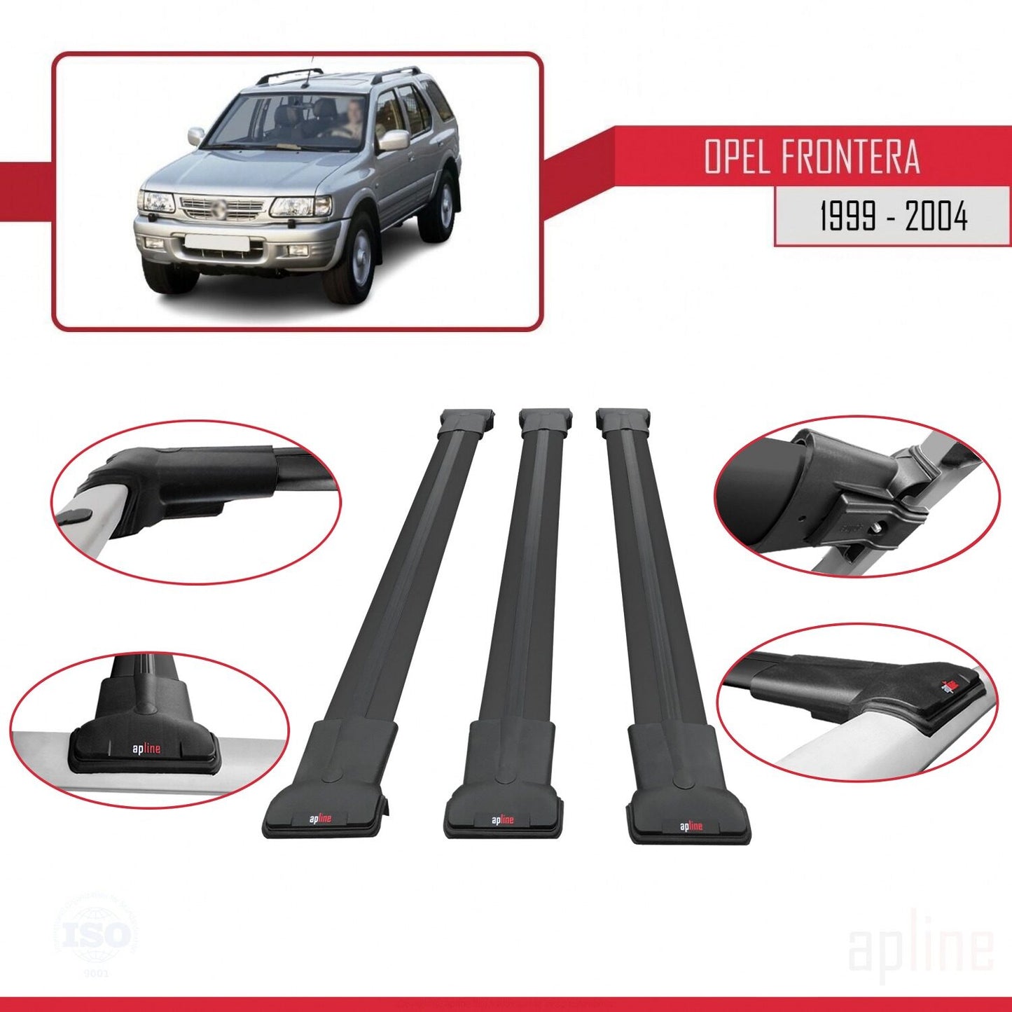 Compatible avec Opel Frontera 2 1999-2004 FLY Model Barres de Toit Railing Porte-Bagages de Voiture Noir Aluminium 3 Barres