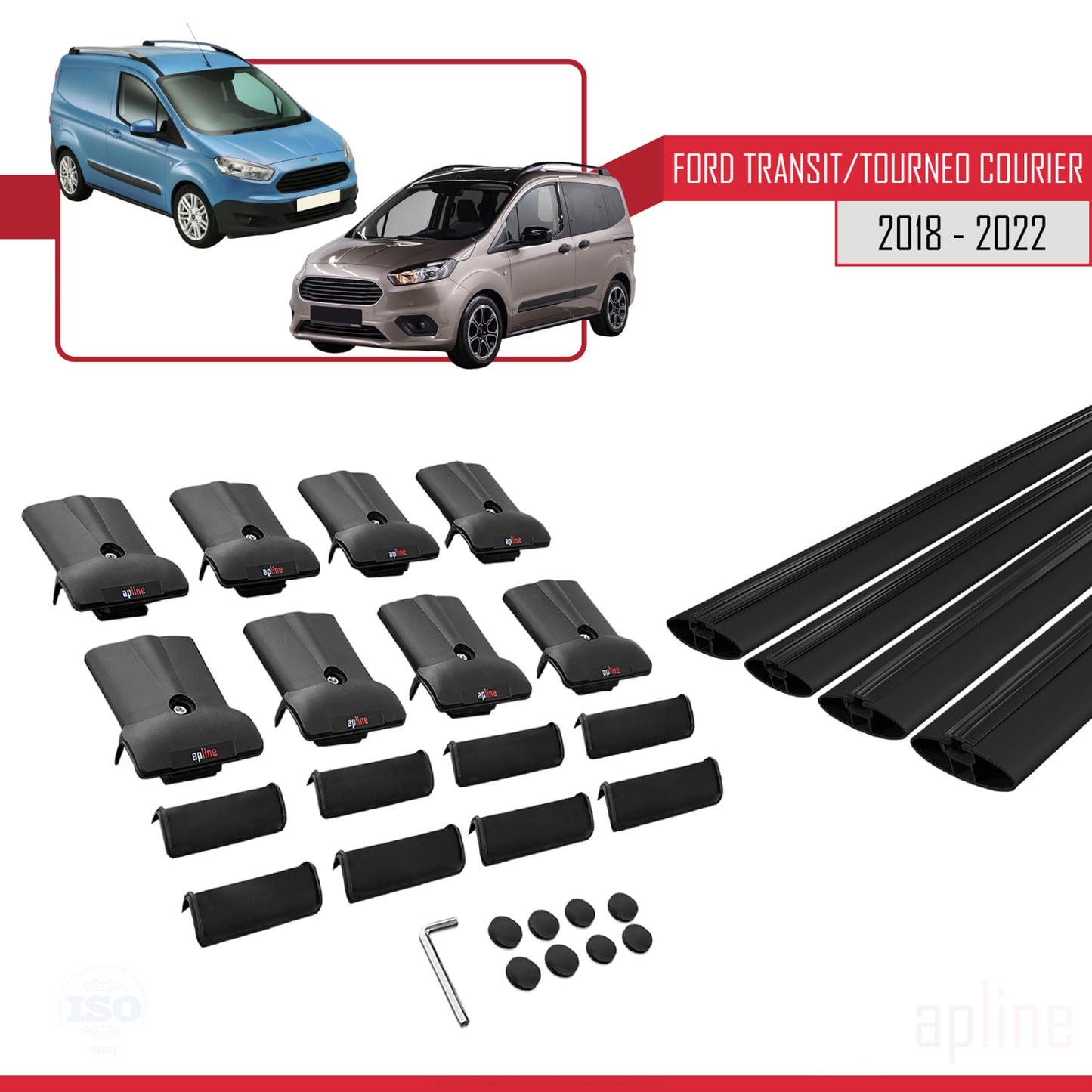 Kompatibel mit Ford Transit/Tourneo Courier nach Facelift 2018-2022 FLY Modell Dachgepäckträger, schwarzes Aluminium, 4 Stangen