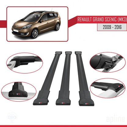 Kompatibel mit Renault Grand Scenic 3 2009-2016 FLY Model Relingträger Dachträger Auto Gepäckträger Schwarz Aluminium 3 Stangen