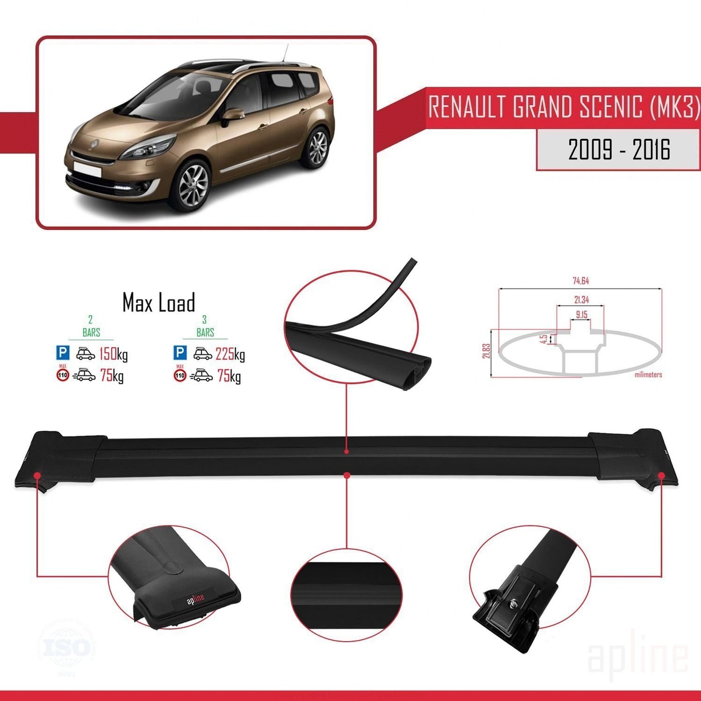 Kompatibel mit Renault Grand Scenic 3 2009-2016 FLY Model Relingträger Dachträger Auto Gepäckträger Schwarz Aluminium 2 Stangen