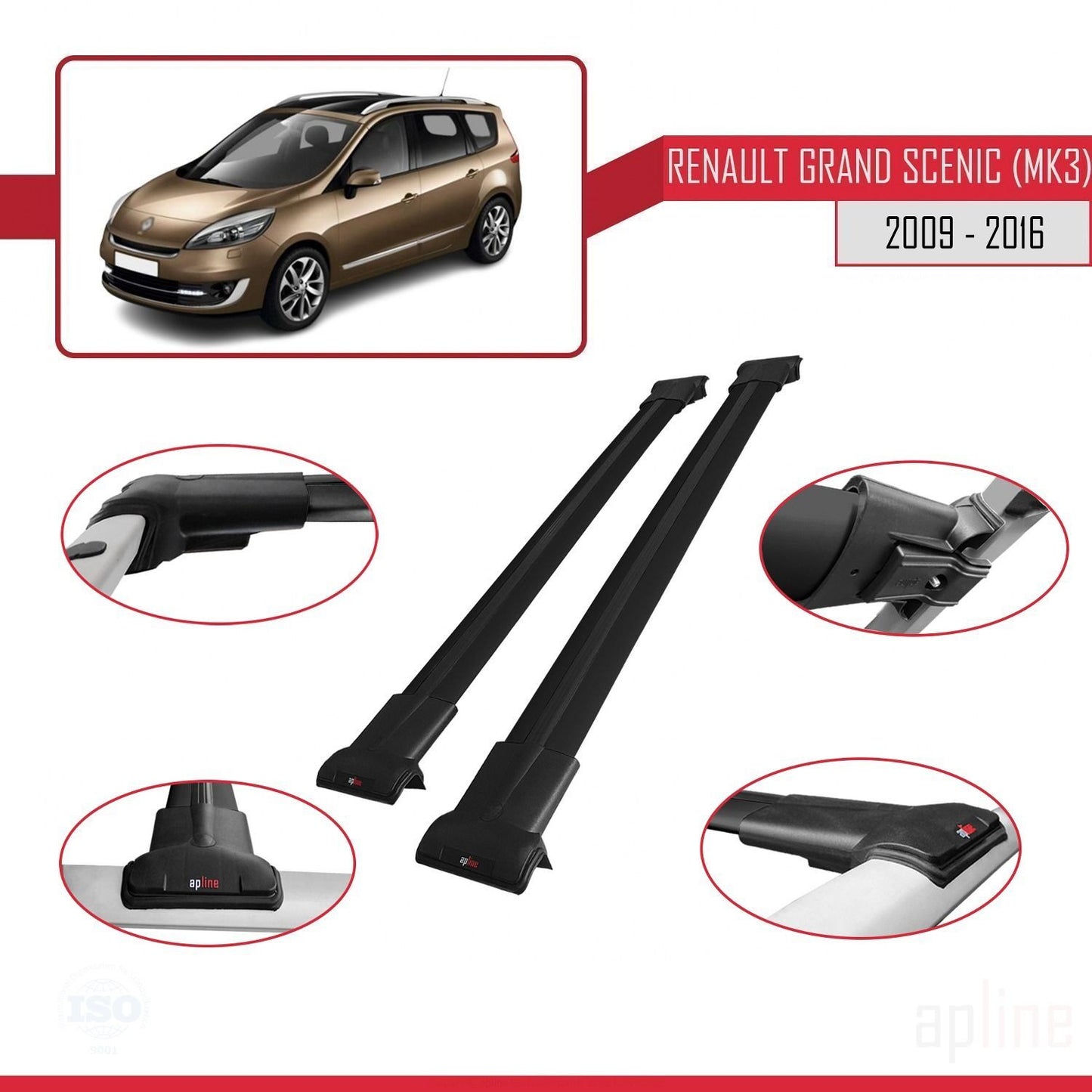 Kompatibel mit Renault Grand Scenic 3 2009-2016 FLY Model Relingträger Dachträger Auto Gepäckträger Schwarz Aluminium 2 Stangen