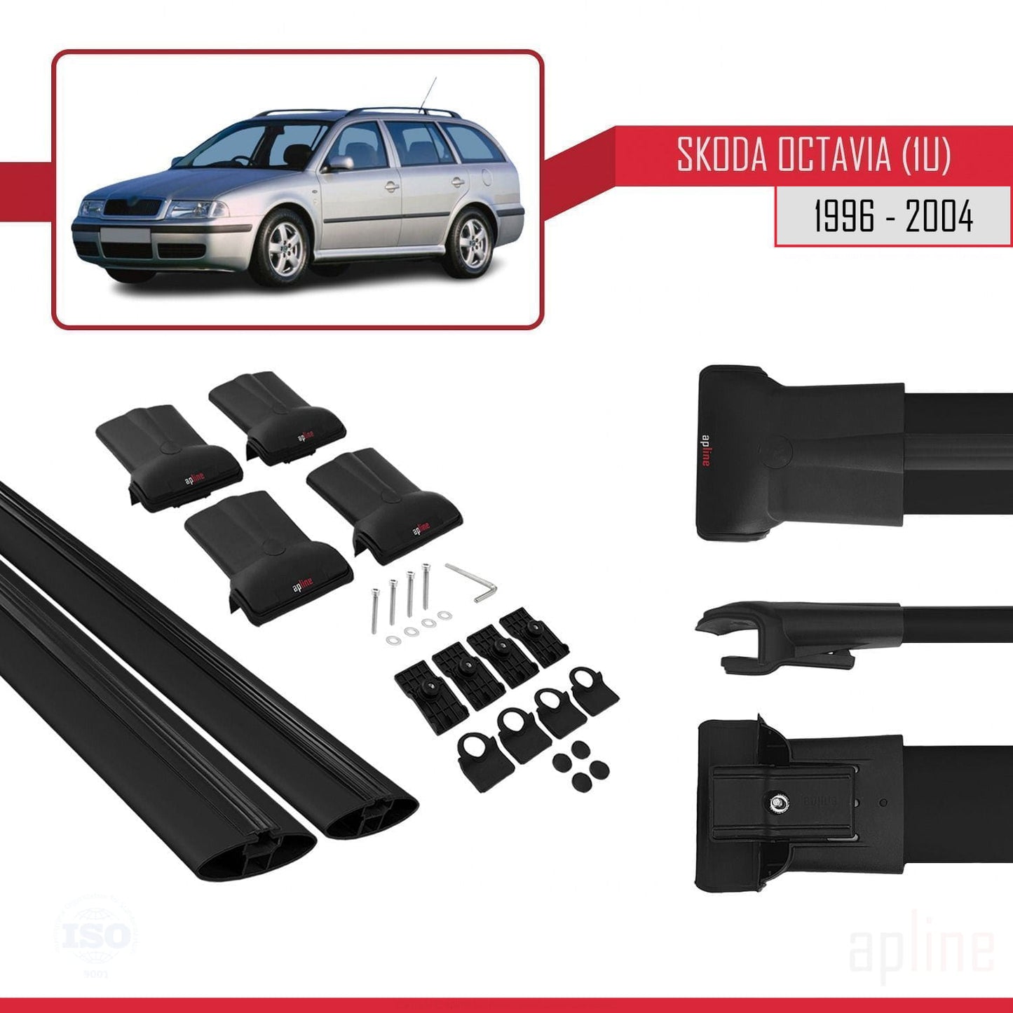 Compatible avec Skoda Octavia (1U) 1996-2004 FLY Model Barres de Toit Railing Porte-Bagages de Voiture Noir Aluminium 2 Barres