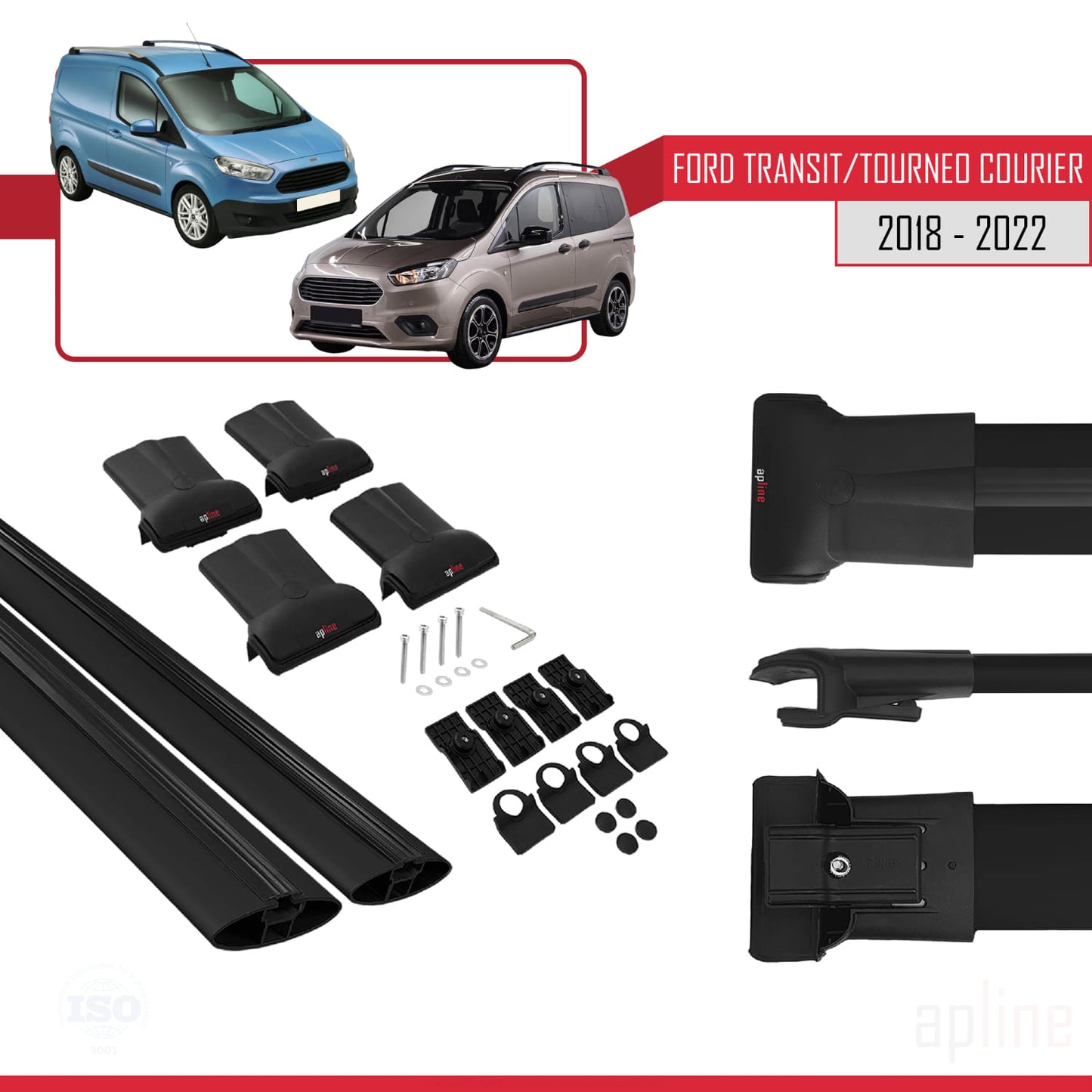 Kompatibel mit Ford Transit/Tourneo Courier nach Facelift 2018-2022 FLY Modell Dachgepäckträger, schwarzes Aluminium, 2 Stangen