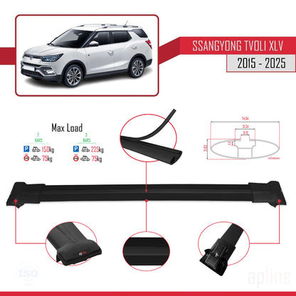Compatible avec Ssangyong Tivoli XLV 2015-2025 FLY Model Barres de Toit Railing Porte-Bagages de Voiture Noir Aluminium 2 Barres