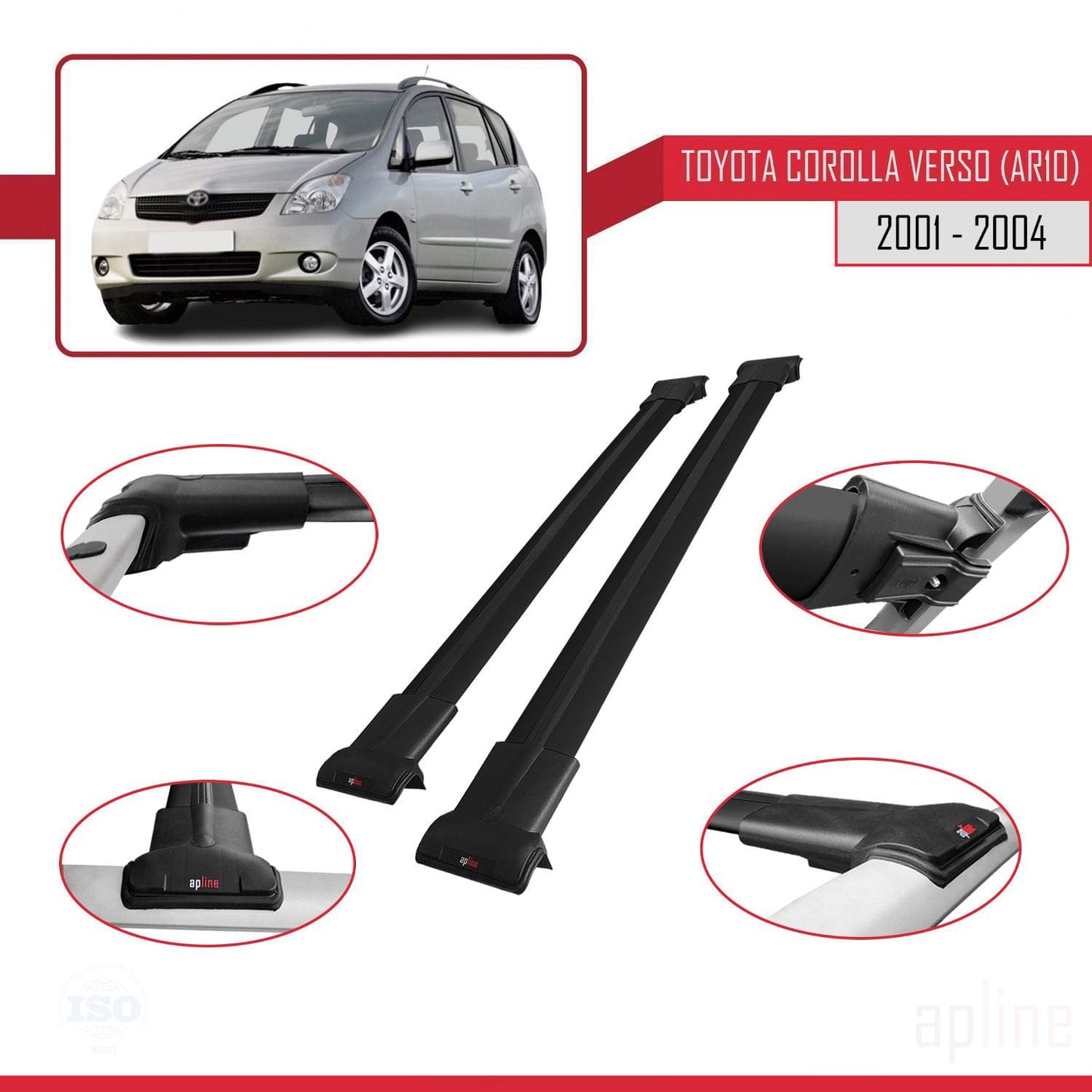 Compatible avec Toyota Corolla Verso (E120) 2001-2004 FLY Model Barres de Toit Railing Porte-Bagages de Voiture Noir Aluminium 2 Barres