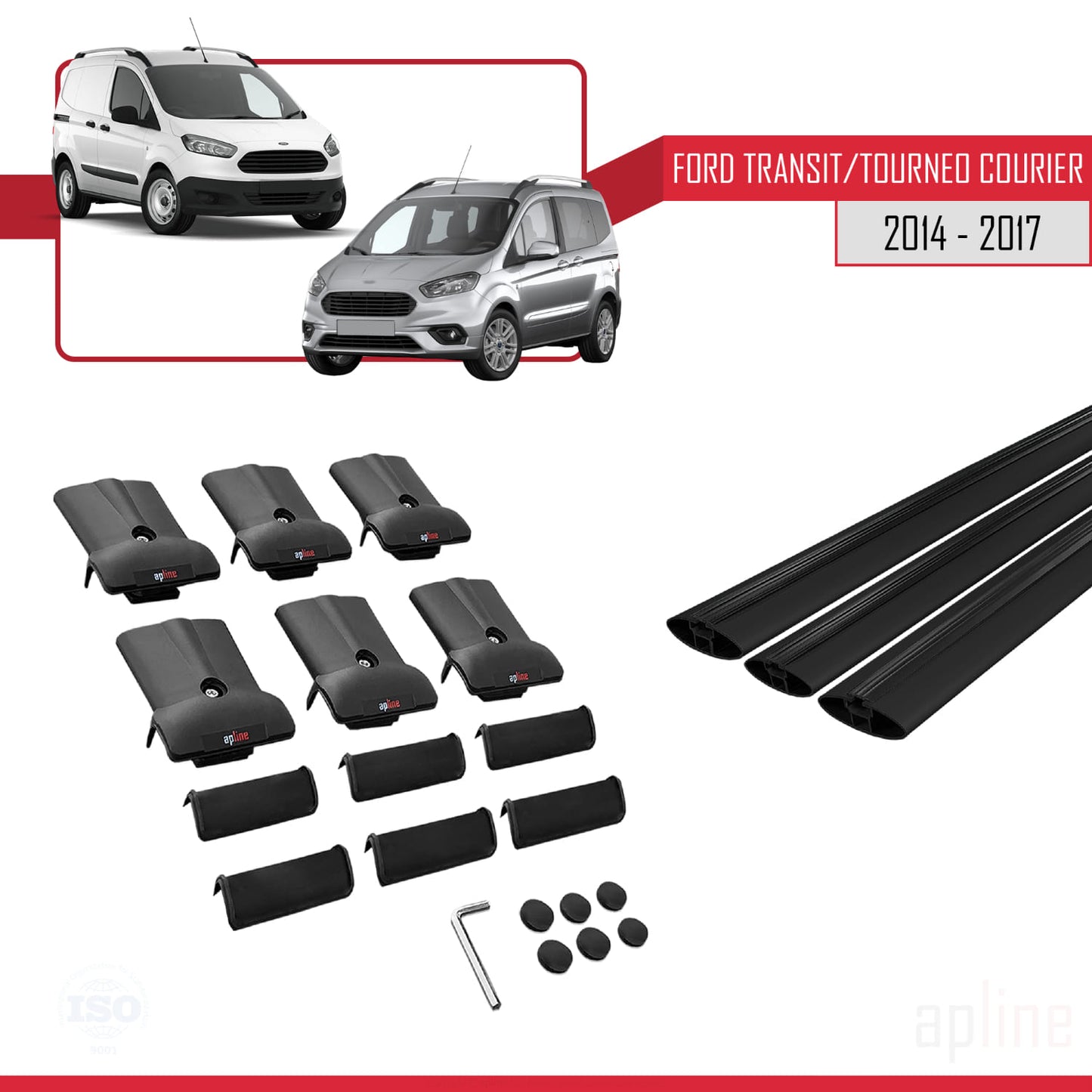 Kompatibel mit Ford Transit/Tourneo Courier Vor-Facelift 2014-2017 FLY Modell Dachgepäckträger, schwarzes Aluminium, 3-teilig