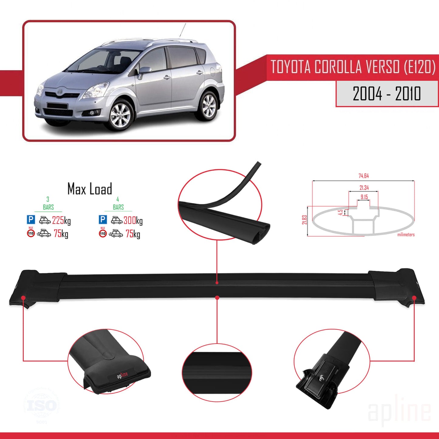 Compatible avec Toyota Corolla Verso 2 (AR10) 2004-2010 FLY Model Barres de Toit Railing Porte-Bagages de Voiture Noir Aluminium 3 Barres