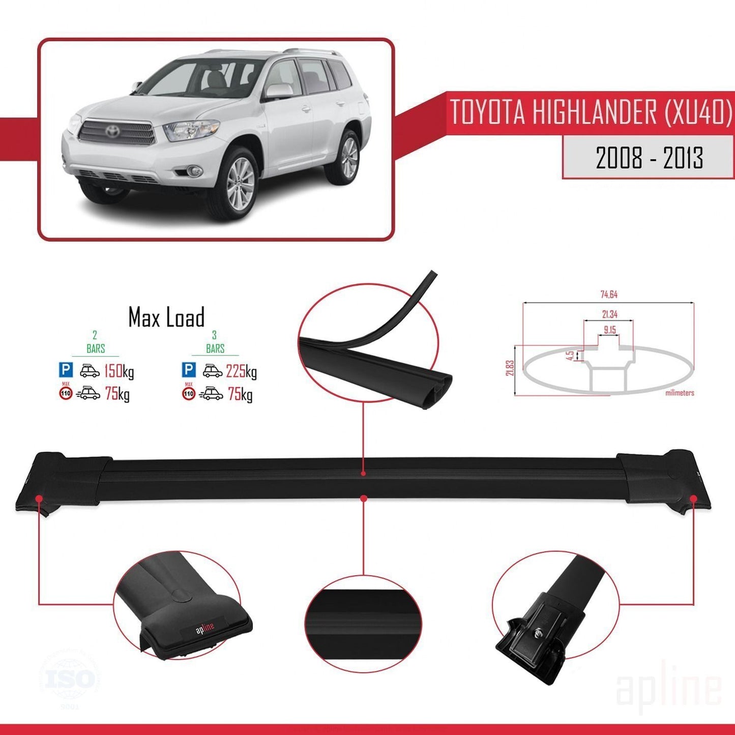 Compatible avec Toyota Highlander (XU40) 2008-2013 FLY Model Barres de Toit Railing Porte-Bagages de Voiture Noir Aluminium 2 Barres