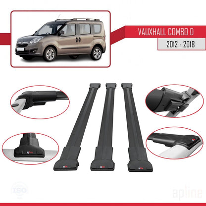Compatible avec Vauxhall Combo D 2012-2018 FLY Model Barres de Toit Railing Porte-Bagages de Voiture Noir Aluminium 3 Barres
