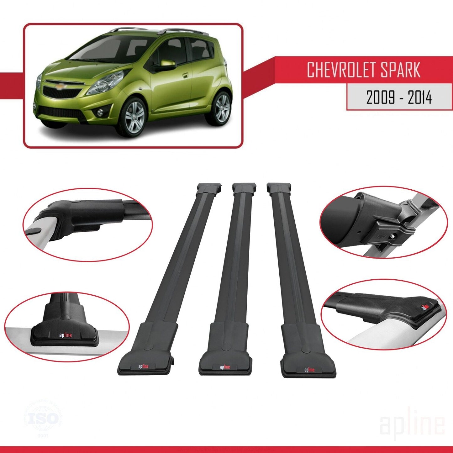 Kompatibel mit Chevrolet Spark (M300) 2009-2014 FLY Modell Dachgepäckträger, schwarzes Aluminium, 3 Stangen
