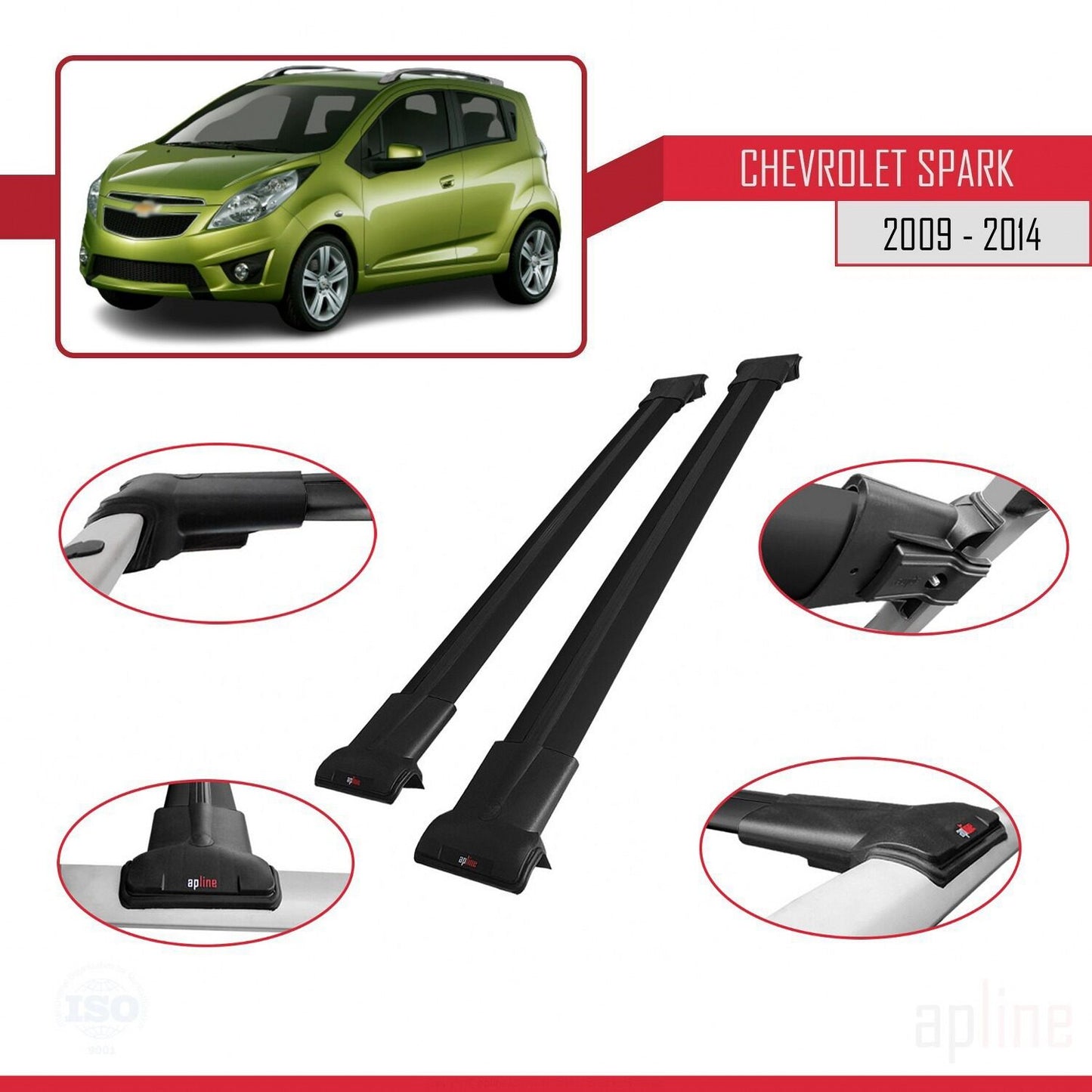 Kompatibel mit Chevrolet Spark (M300) 2009-2014 FLY Modell Dachgepäckträger, schwarzes Aluminium, 2 Stangen