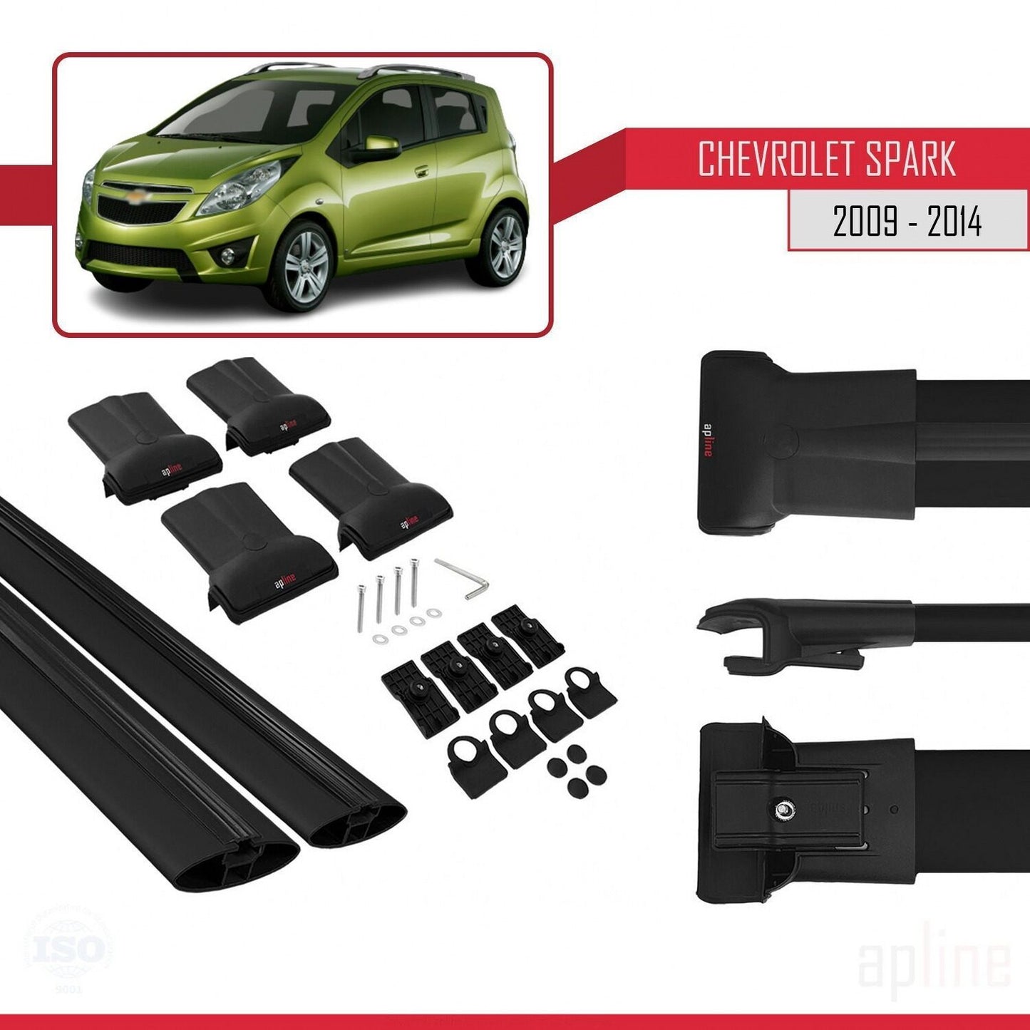 Kompatibel mit Chevrolet Spark (M300) 2009-2014 FLY Modell Dachgepäckträger, schwarzes Aluminium, 2 Stangen