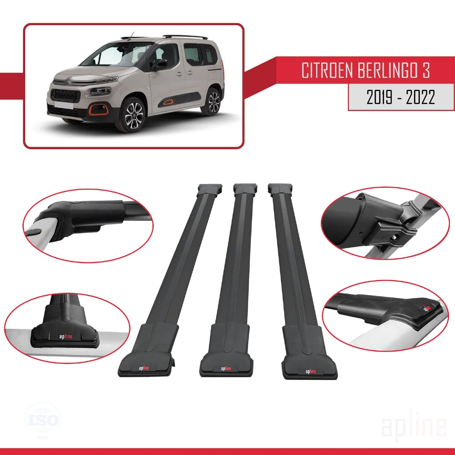 Kompatibel mit Citroen Berlingo 3 (K9) 2019-2022 FLY Modell Dachgepäckträger, schwarzes Aluminium, 3-teilig