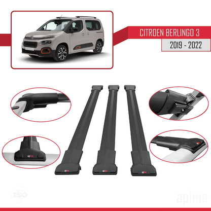 Kompatibel mit Citroen Berlingo 3 (K9) 2019-2022 FLY Modell Dachgepäckträger, schwarzes Aluminium, 3-teilig