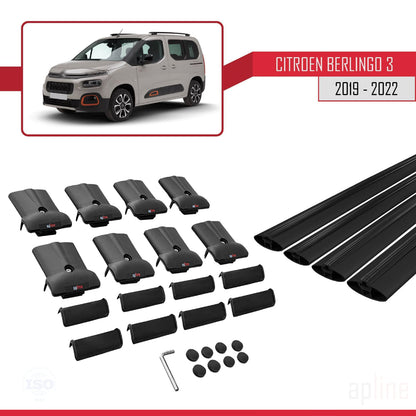 Kompatibel mit Citroen Berlingo 3 (K9) 2019-2022 FLY Modell Dachgepäckträger, schwarzes Aluminium, 4 Stangen