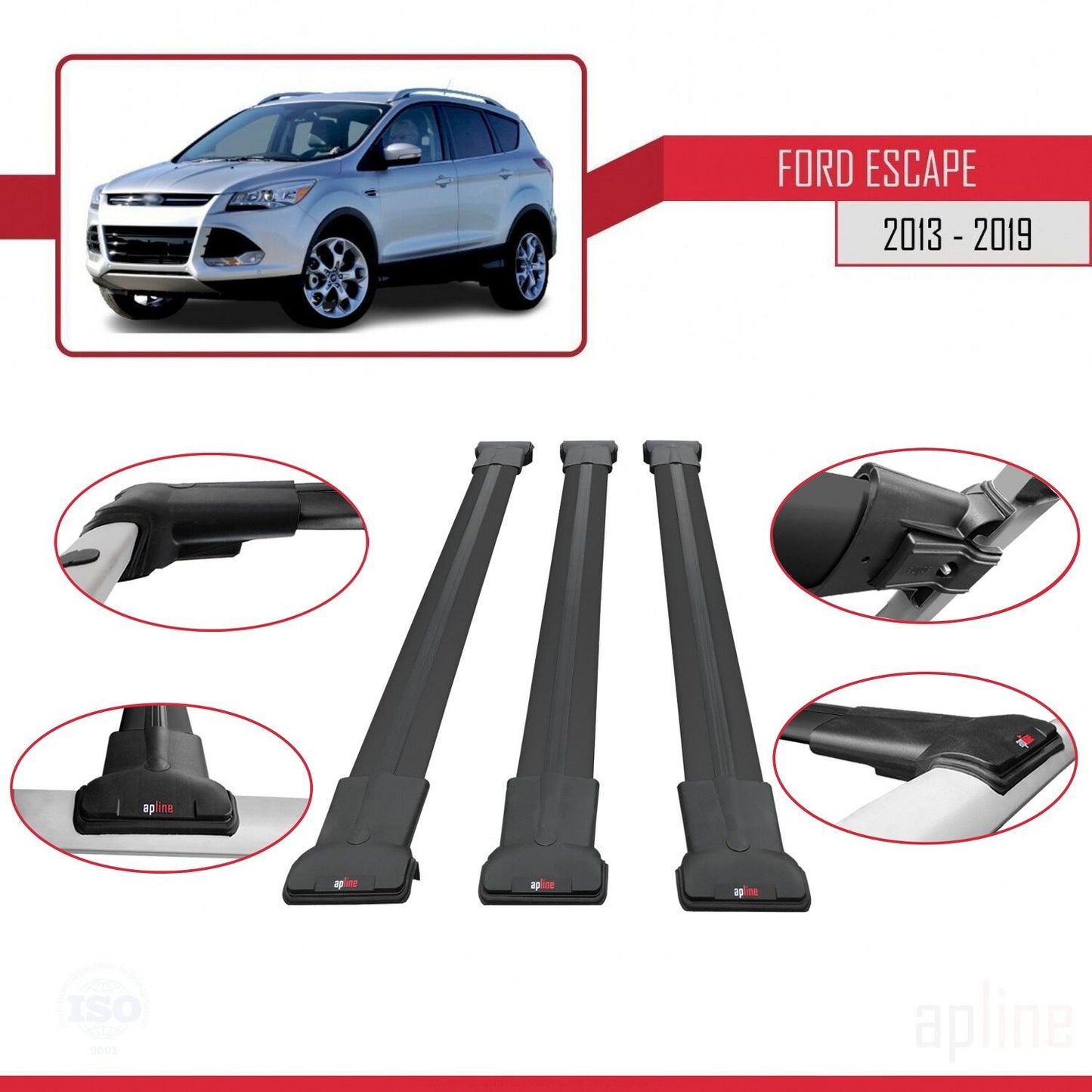 Kompatibel mit Ford Escape 3 2013-2019 FLY Modell Dachgepäckträger, Gepäckträger, schwarzes Aluminium, 3 Stangen
