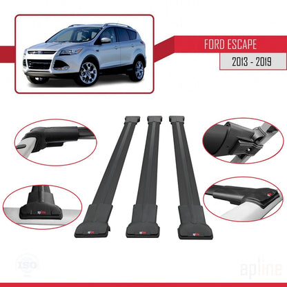 Kompatibel mit Ford Escape 3 2013-2019 FLY Modell Dachgepäckträger, Gepäckträger, schwarzes Aluminium, 3 Stangen
