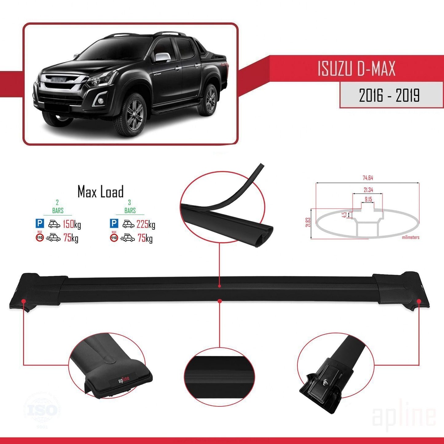 Compatible with Isuzu D-Max 2 (RT85) Post-Facelift 2016-2019 FLY Model Car Roof Rack Cross Bar Black Aluminium 2 Bars
