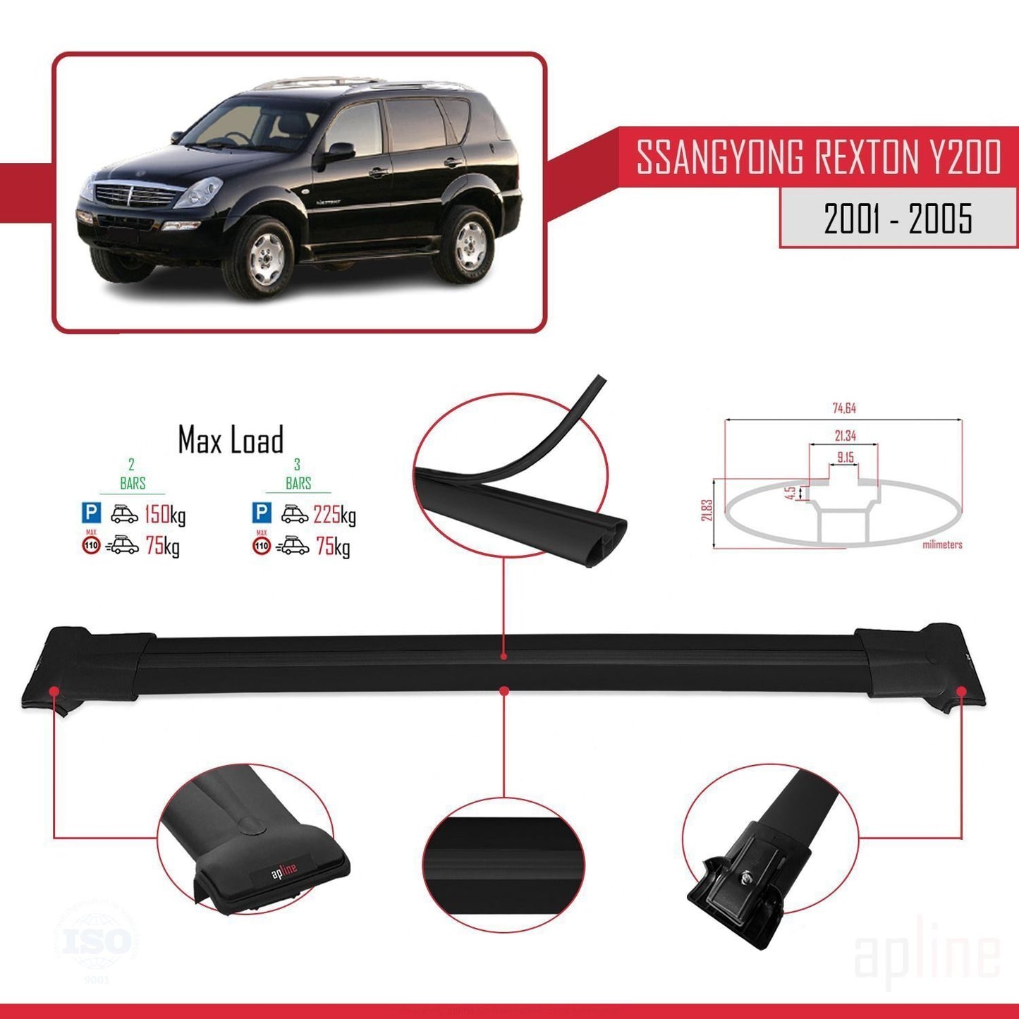 Compatible avec Ssangyong Rexton (Y200) 2001-2005 FLY Model Barres de Toit Railing Porte-Bagages de Voiture Noir Aluminium 2 Barres