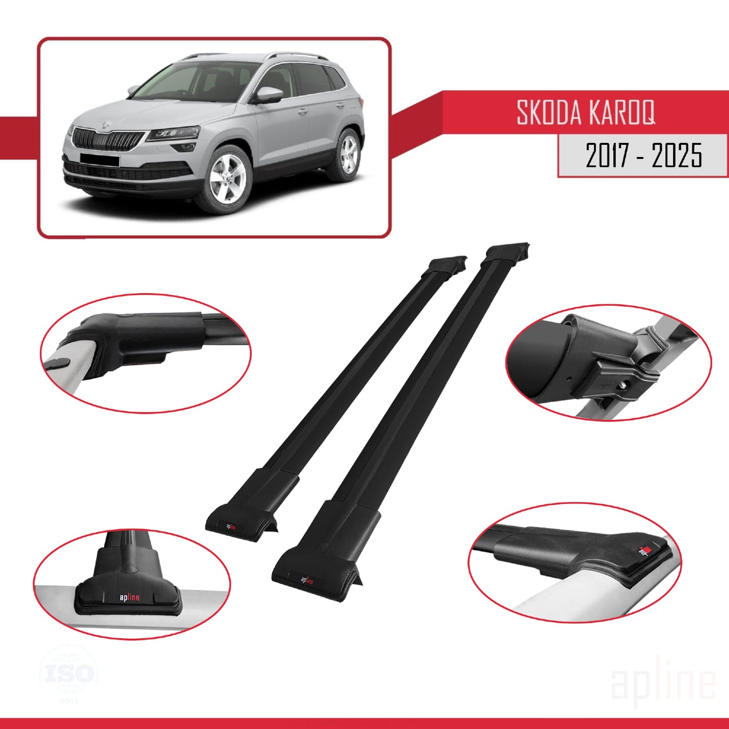 Compatible avec Skoda Karoq 2017-2025 FLY Model Barres de Toit Railing Porte-Bagages de Voiture Noir Aluminium 2 Barres
