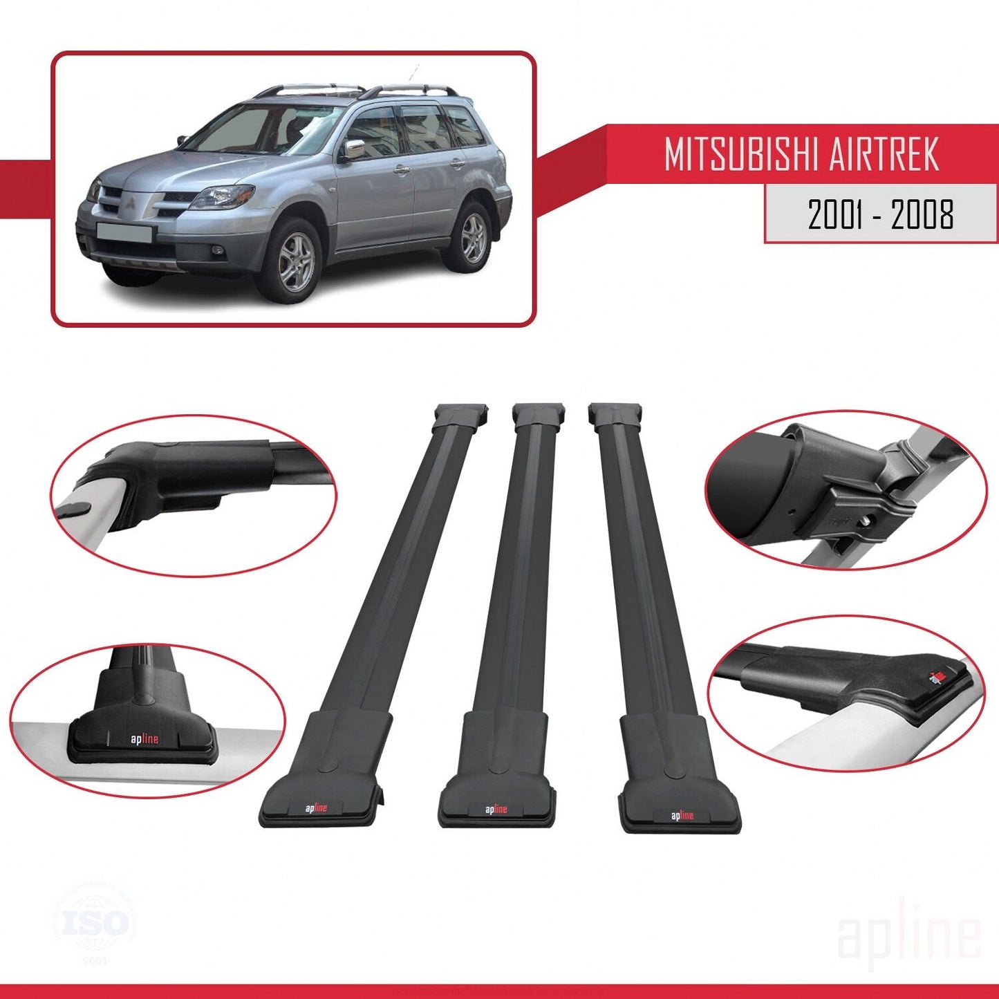 Kompatibel mit Mitsubishi Airtrek 2001-2008 FLY Model Relingträger Dachträger Auto Gepäckträger Schwarz Aluminium 3 Stangen