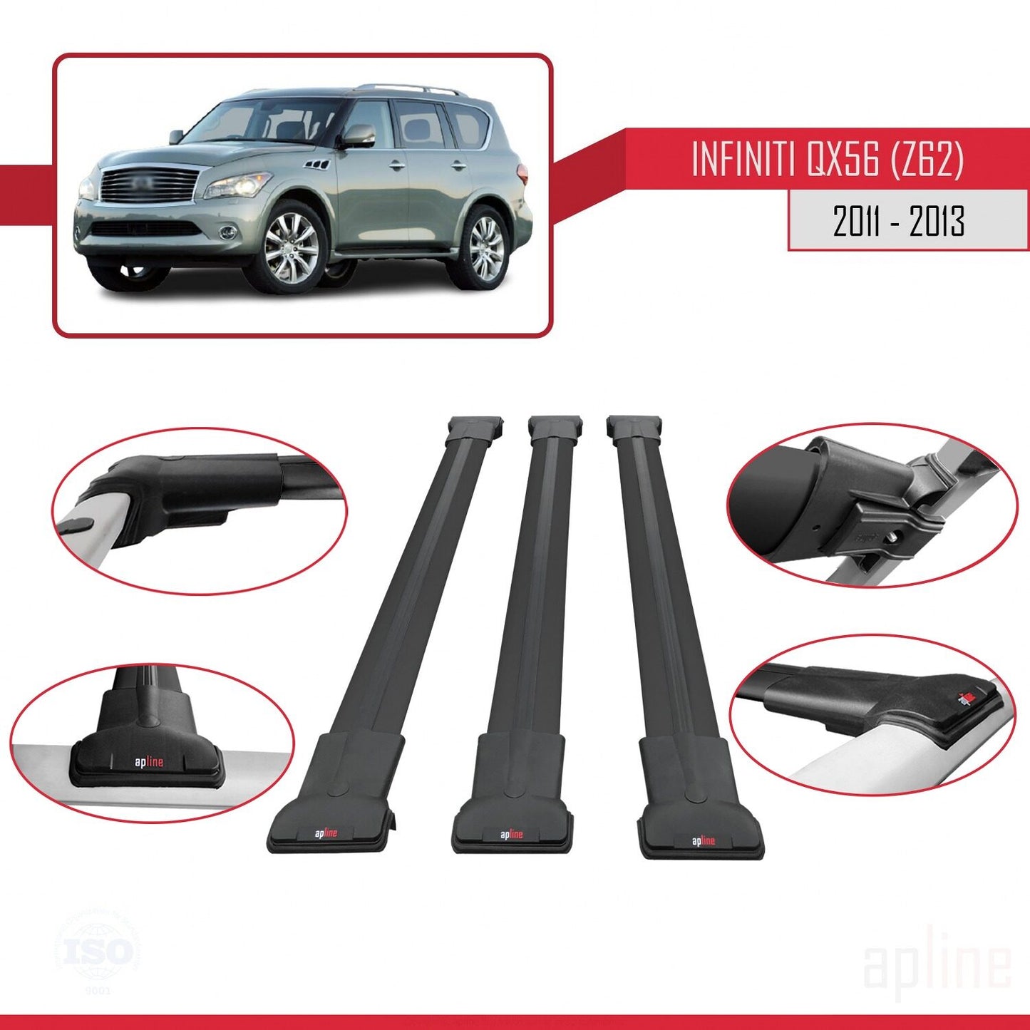 Compatible avec IInfiniti QX56 (Z62) 2011-2013 FLY Model Barres de Toit Railing Porte-Bagages de Voiture Noir Aluminium 3 Barres
