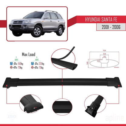 Kompatibel mit Hyundai Santa Fe (SM) 2001-2006 FLY Model Relingträger Dachträger Auto Gepäckträger Schwarz Aluminium 2 Stangen
