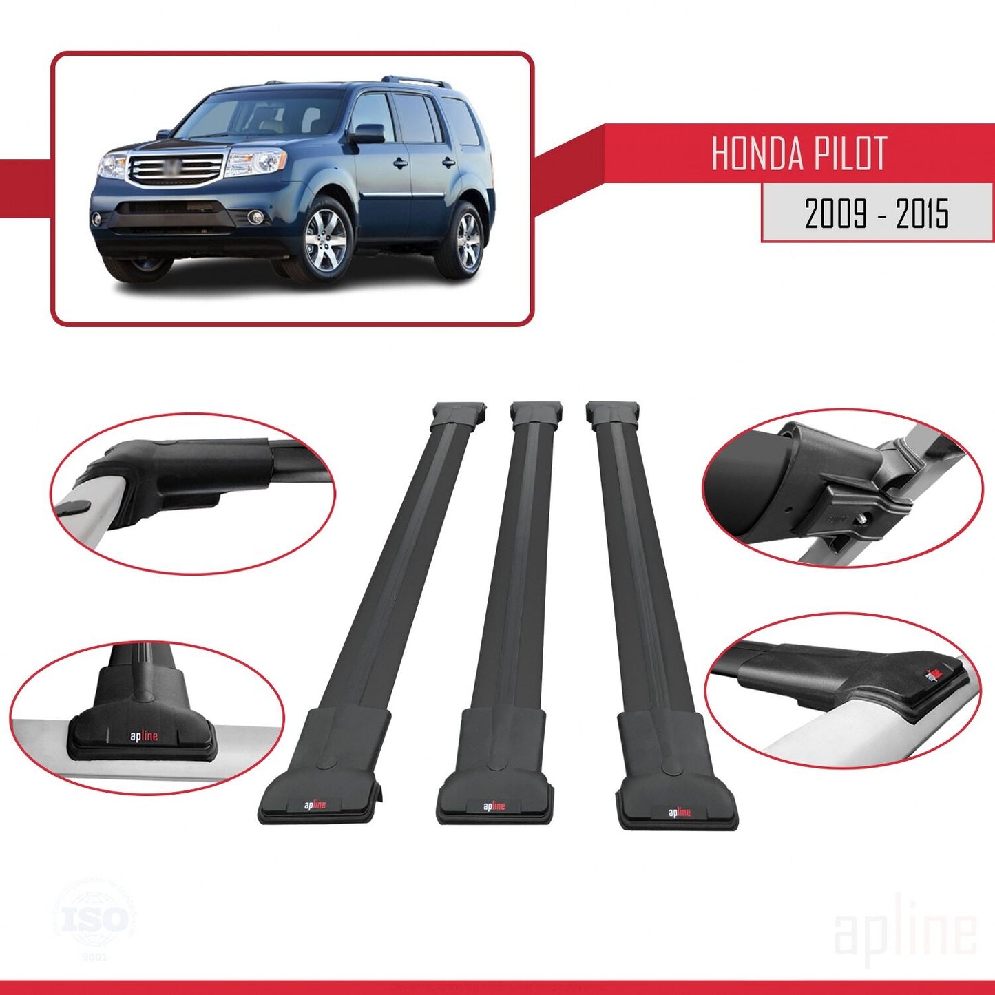 Compatible avec Honda Pilot 2 2009-2015 FLY Model Barres de Toit Railing Porte-Bagages de Voiture Noir Aluminium 3 Barres