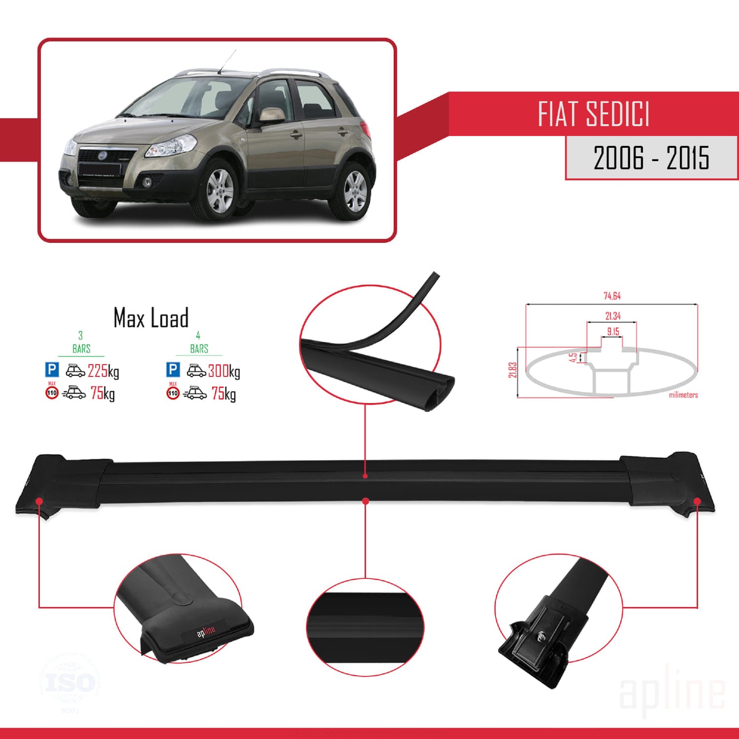 Compatible avec Fiat Sedici 2006-2015 FLY Model Barres de Toit Railing Porte-Bagages de Voiture Noir Aluminium 3 Barres