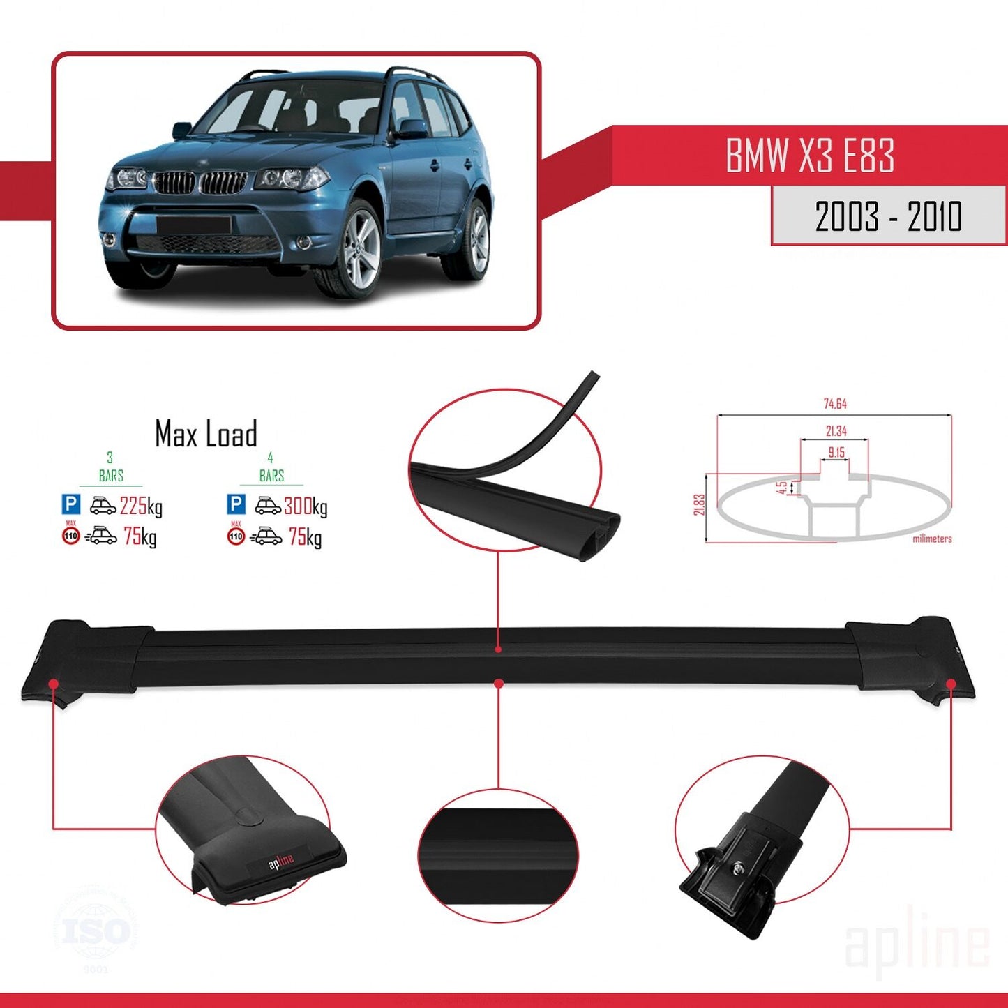 Kompatibel mit BMW X3 (E83) 2003-2010 FLY Modell Dachgepäckträger, schwarzes Aluminium, 3-teilig