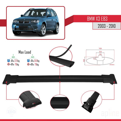 Kompatibel mit BMW X3 (E83) 2003-2010 FLY Modell Dachgepäckträger, schwarzes Aluminium, 3-teilig