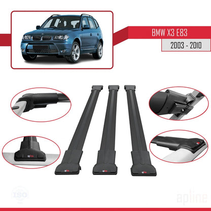 Kompatibel mit BMW X3 (E83) 2003-2010 FLY Modell Dachgepäckträger, schwarzes Aluminium, 3-teilig