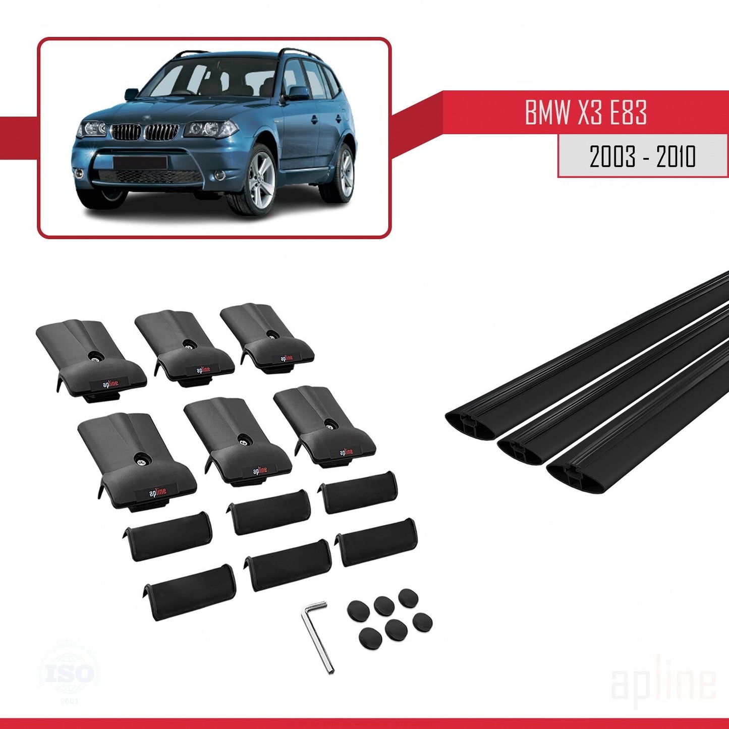 Kompatibel mit BMW X3 (E83) 2003-2010 FLY Modell Dachgepäckträger, schwarzes Aluminium, 3-teilig