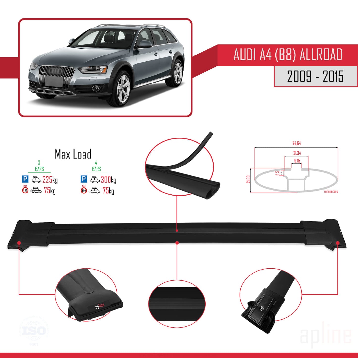 Kompatibel mit A4 (B8) Allroad 2009-2015 FLY Modell Dachgepäckträger, schwarzes Aluminium, 3 Querträger