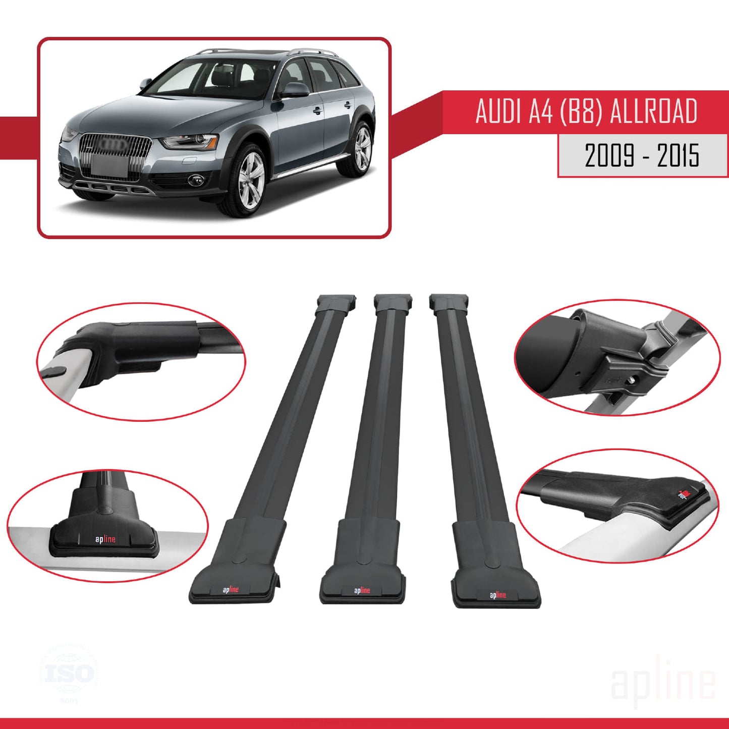 Kompatibel mit A4 (B8) Allroad 2009-2015 FLY Modell Dachgepäckträger, schwarzes Aluminium, 3 Querträger