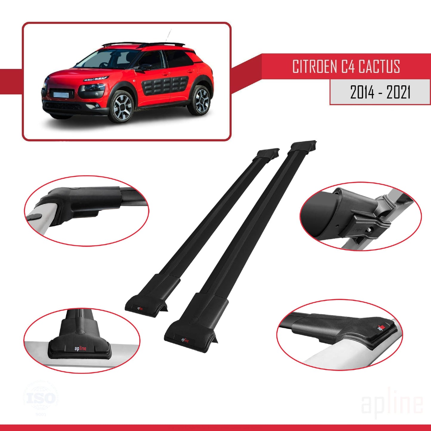 Kompatibel mit Citroen C4 Cactus 2014-2021 FLY Modell Dachgepäckträger, schwarzes Aluminium, 2 Stangen