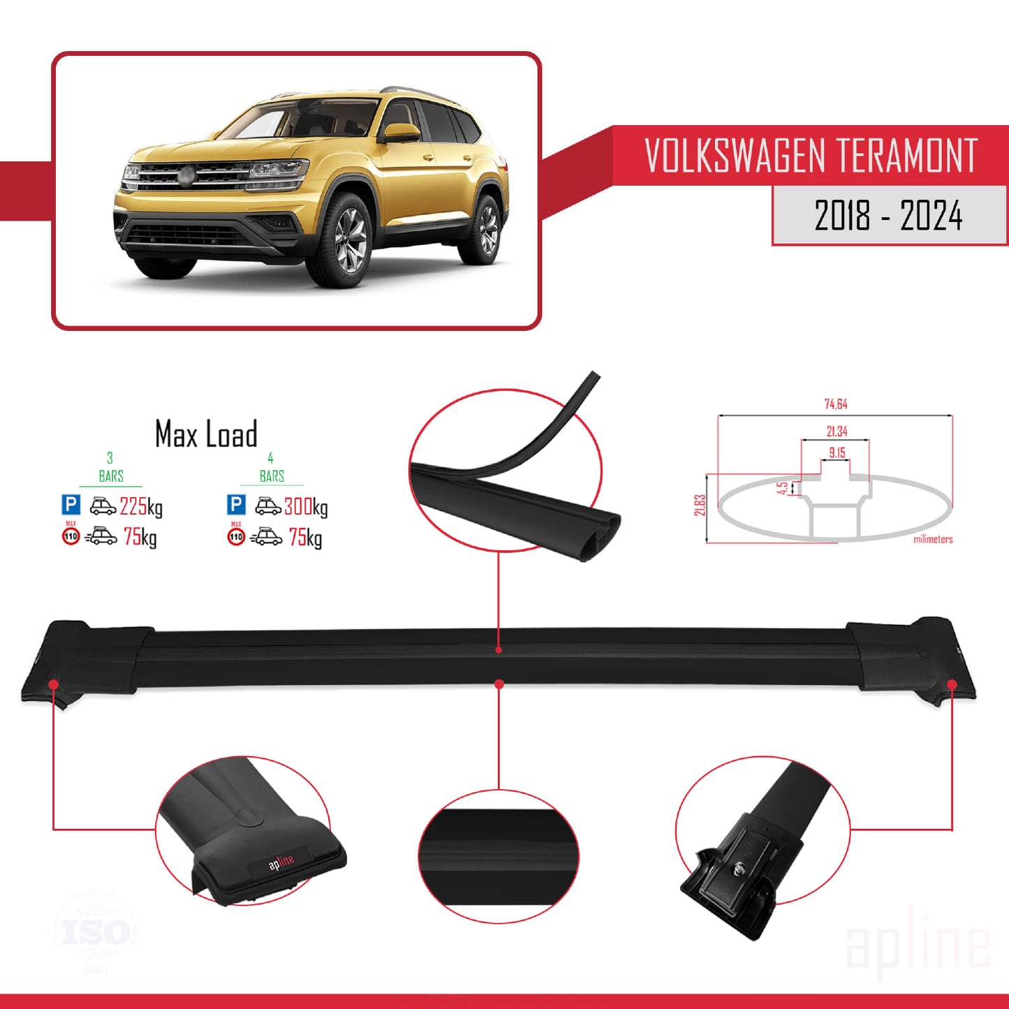 Compatible avec Volkswagen Teramont (CA1) 2018-2024 FLY Model Barres de Toit Railing Porte-Bagages de Voiture Noir Aluminium 3 Barres