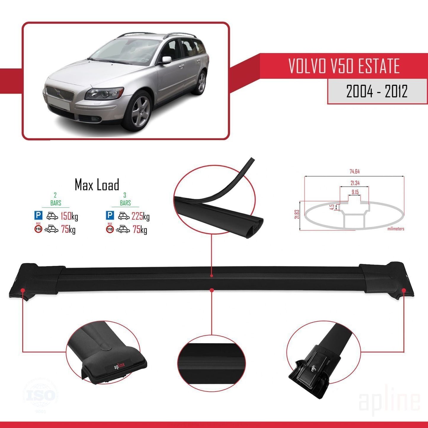 Compatible avec Volvo V50 2004-2012 FLY Model Barres de Toit Railing Porte-Bagages de Voiture Noir Aluminium 2 Barres