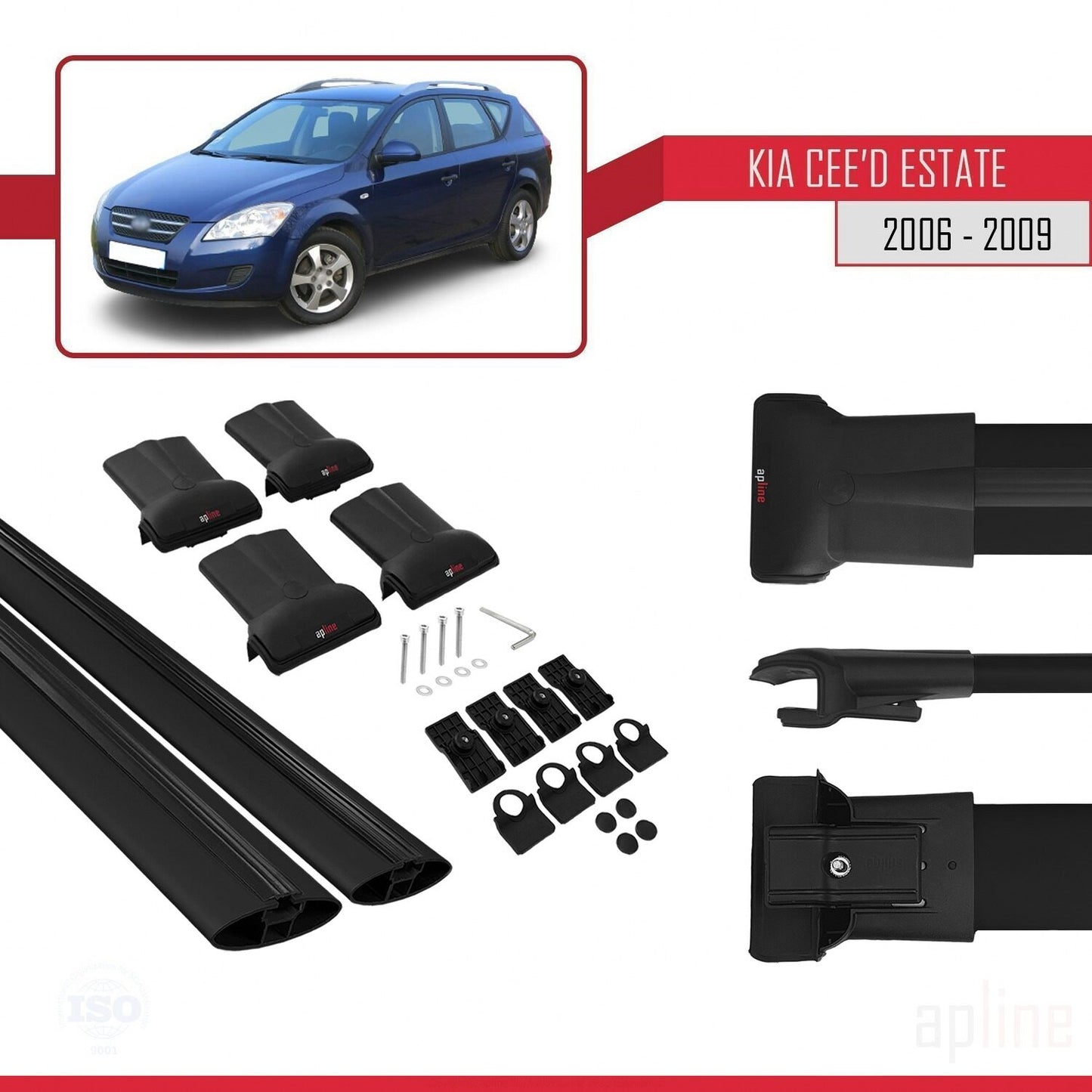 Compatible with Kia Ceed (ED) SW Post-Facelift 2009-2012 FLY Model Car Roof Rack Cross Bar Black Aluminium 2 Bars