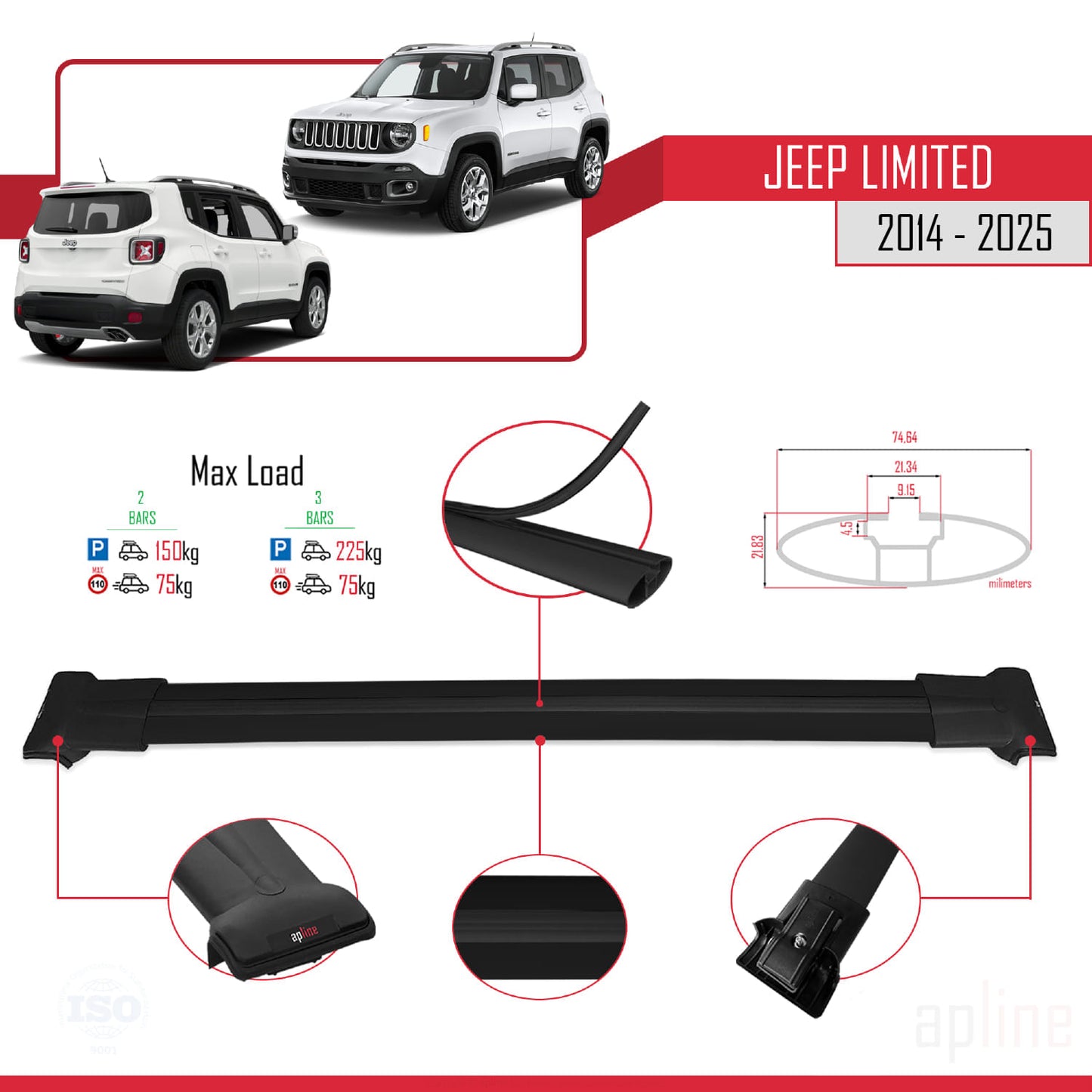 Kompatibel mit Jeep Limited 2014-2025 FLY Model Relingträger Dachträger Auto Gepäckträger Schwarz Aluminium 2 Stangen