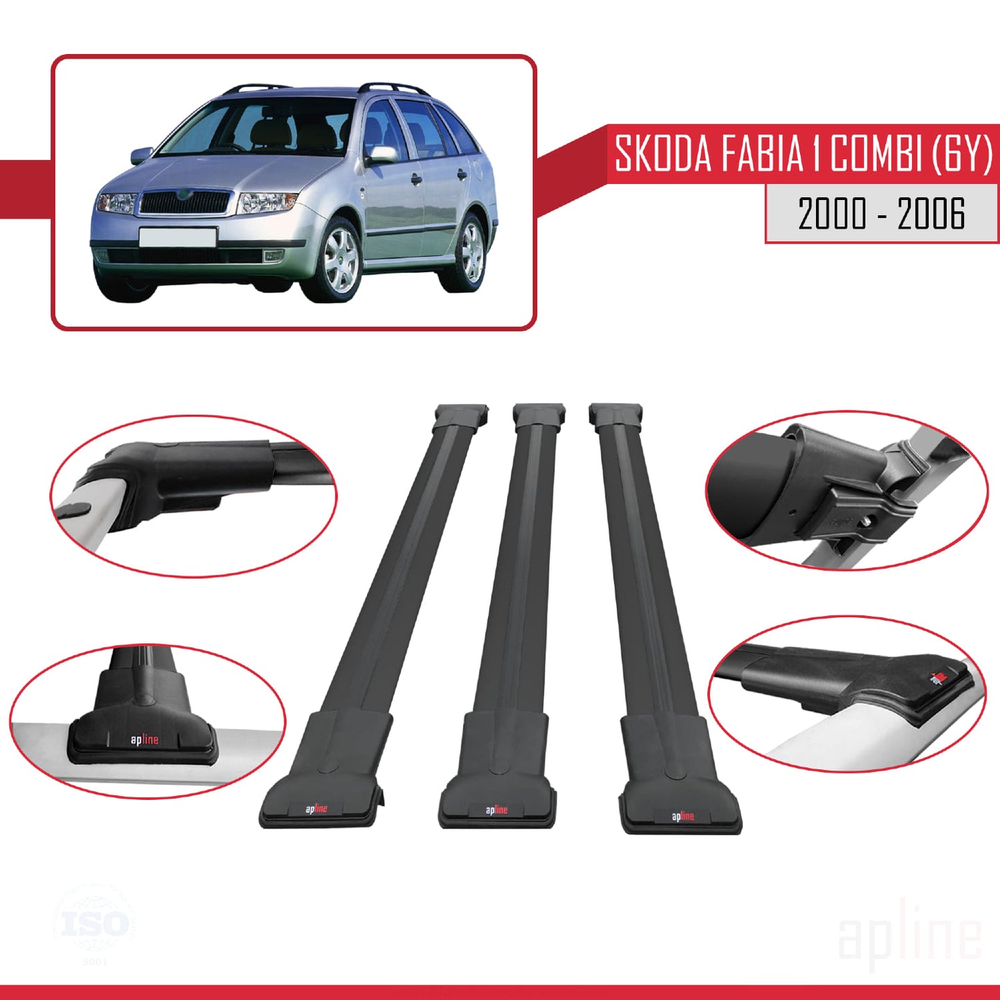 Compatible avec Skoda Fabia (6Y) Break 2000-2006 FLY Model Barres de Toit Railing Porte-Bagages de Voiture Noir Aluminium 3 Barres