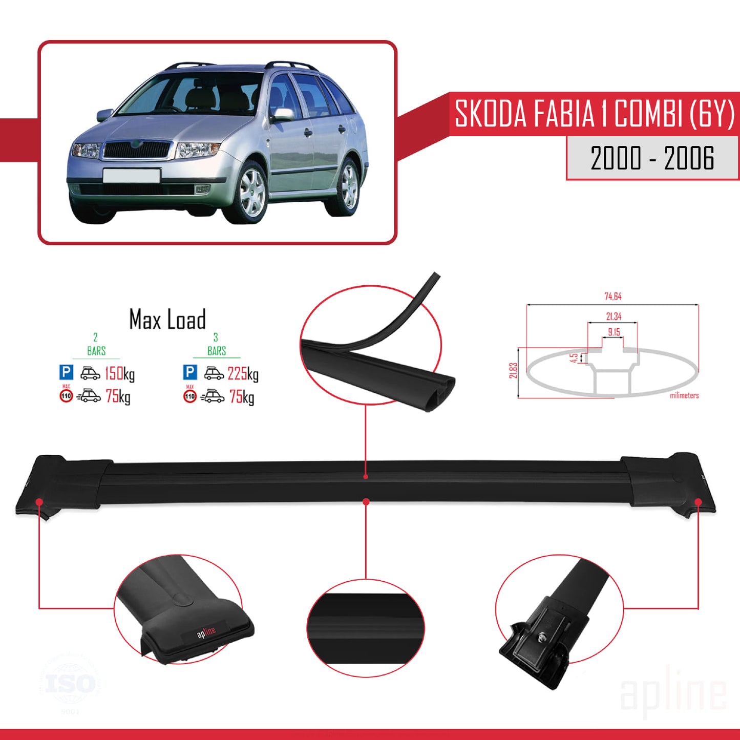 Compatible avec Skoda Fabia (6Y) Break 2000-2006 FLY Model Barres de Toit Railing Porte-Bagages de Voiture Noir Aluminium 2 Barres