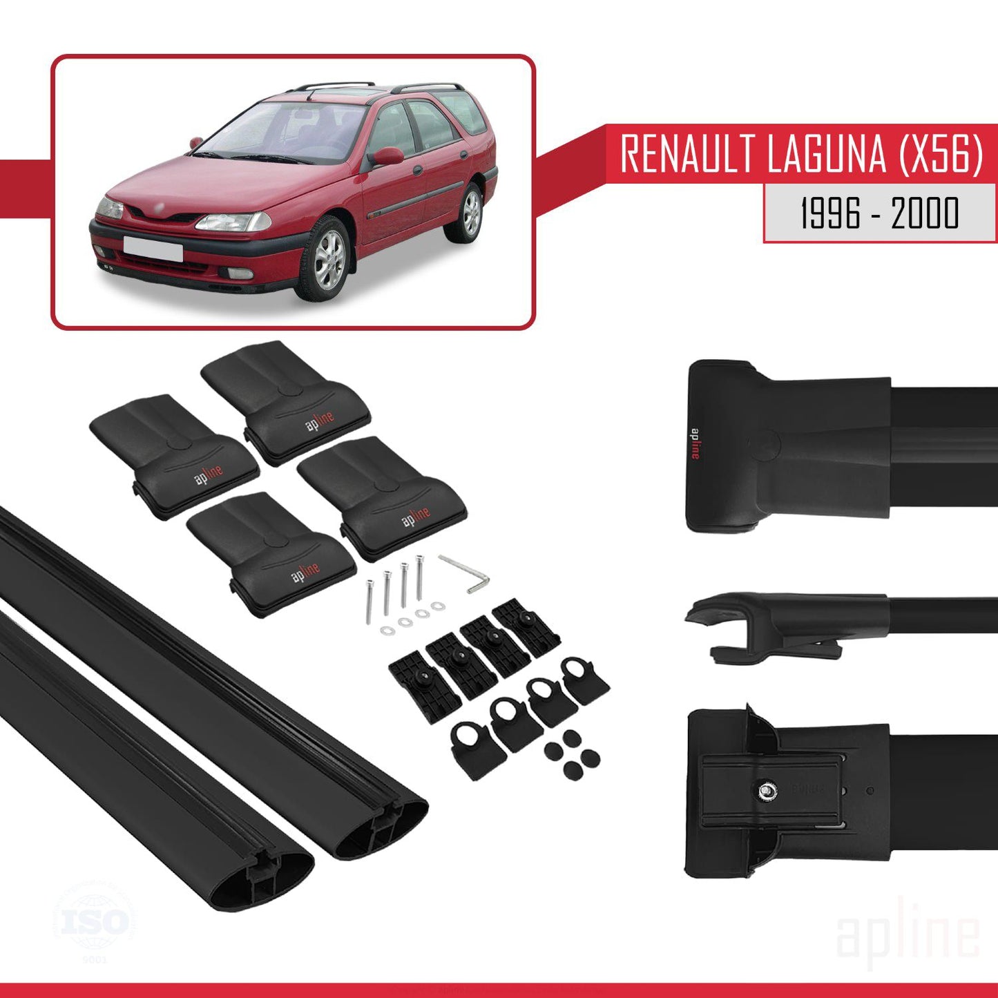 Compatible avec Renault Laguna (X56) 1996-200 FLY Model Barres de Toit Railing Porte-Bagages de Voiture Noir Aluminium 2 Barres