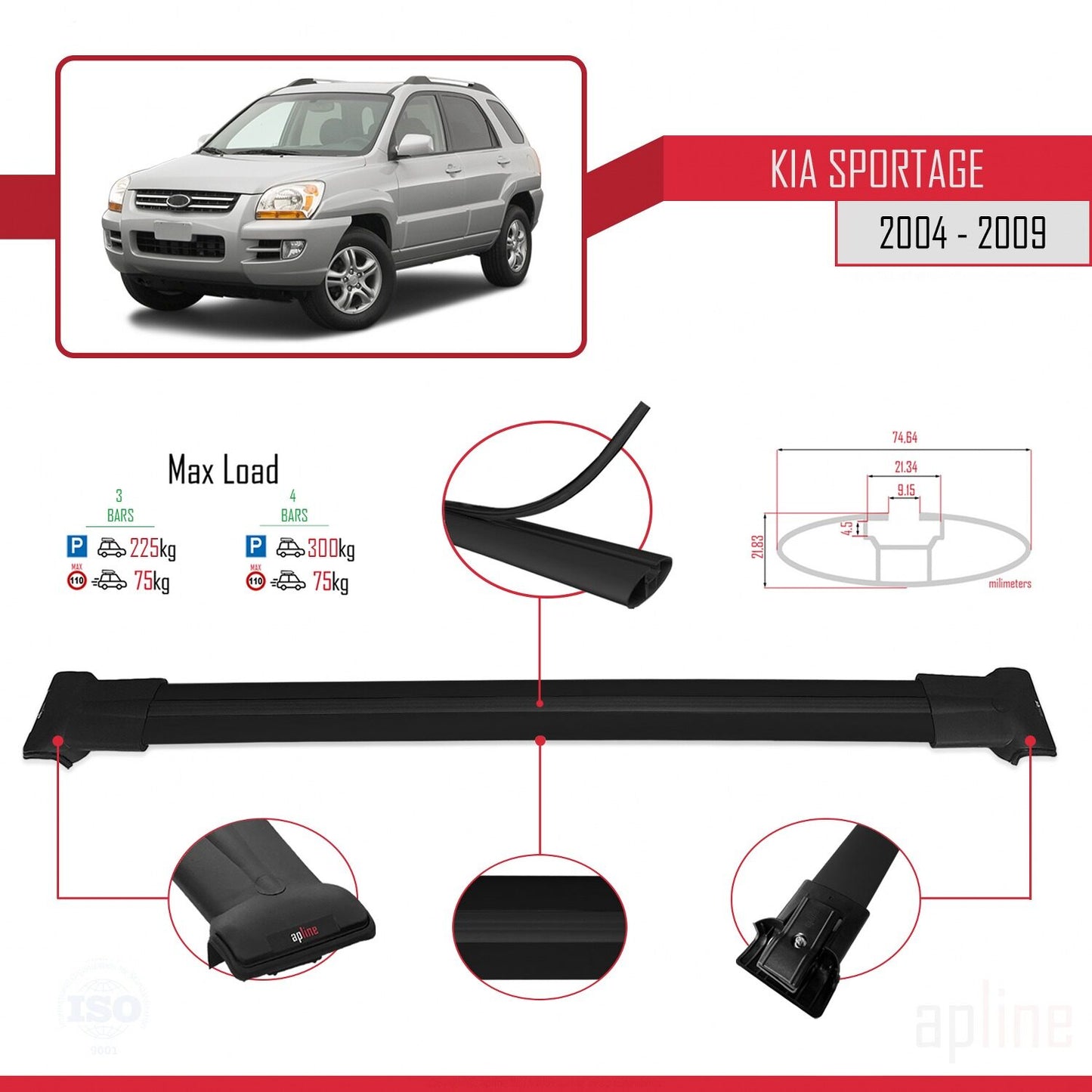 Kompatibel mit Kia Sportage 2 (JE) 2004-2009 FLY Model Relingträger Dachträger Auto Gepäckträger Schwarz Aluminium 3 Stangen