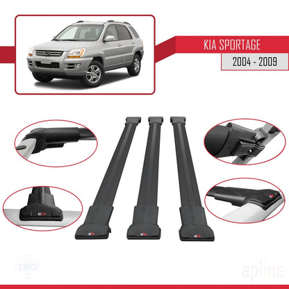 Kompatibel mit Kia Sportage 2 (JE) 2004-2009 FLY Model Relingträger Dachträger Auto Gepäckträger Schwarz Aluminium 3 Stangen