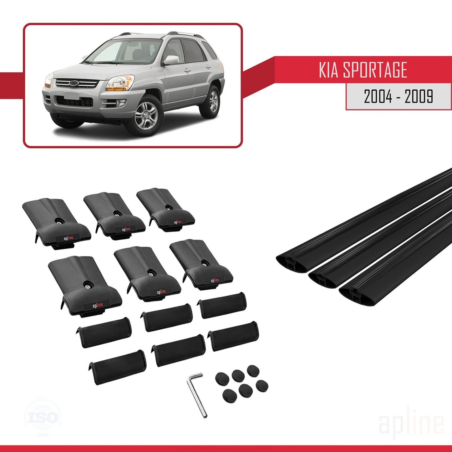 Kompatibel mit Kia Sportage 2 (JE) 2004-2009 FLY Model Relingträger Dachträger Auto Gepäckträger Schwarz Aluminium 3 Stangen