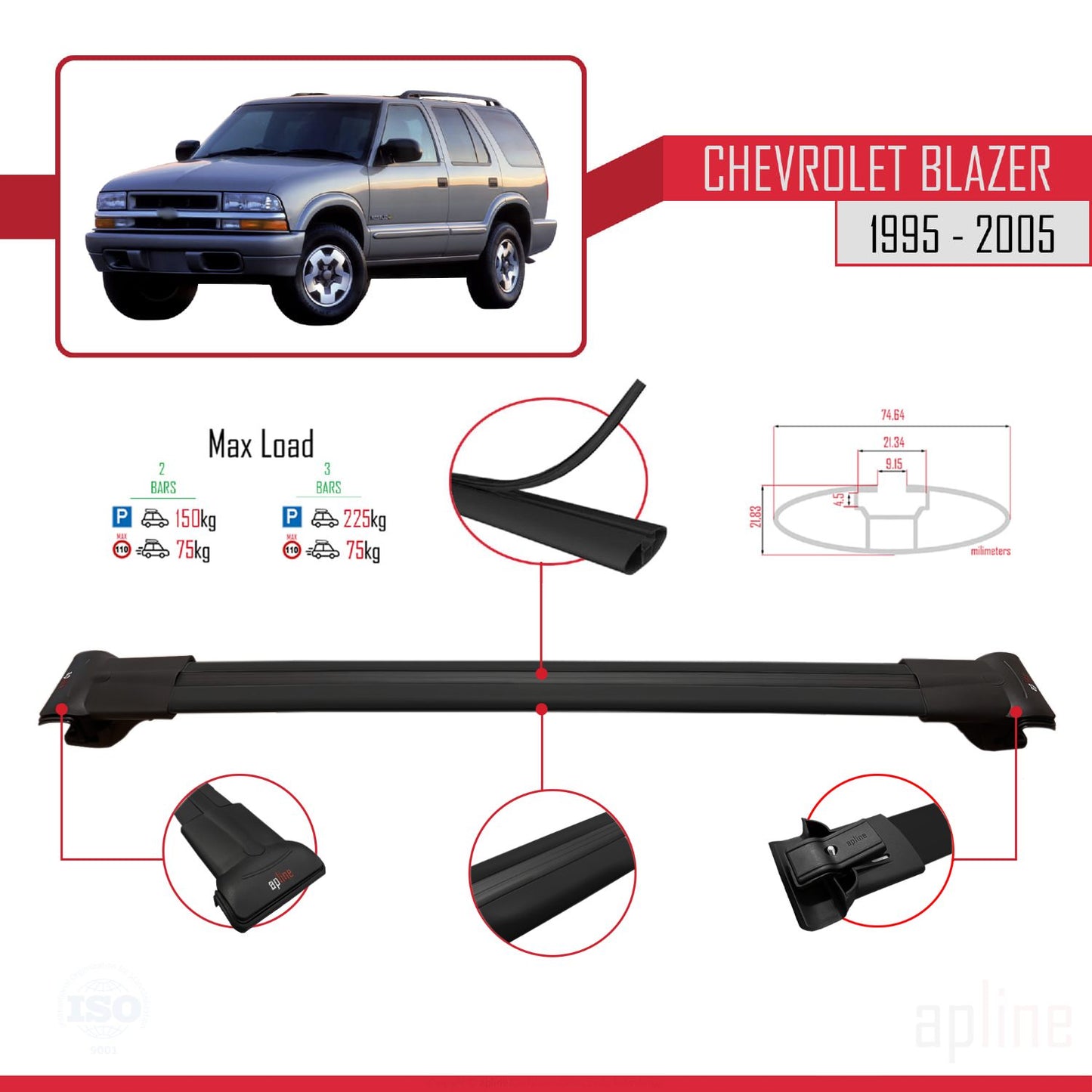Compatible avec Chevrolet Blazer 1995-2005 FLY Model Barres de Toit Railing Porte-Bagages de Voiture Noir Aluminium 3 Barres