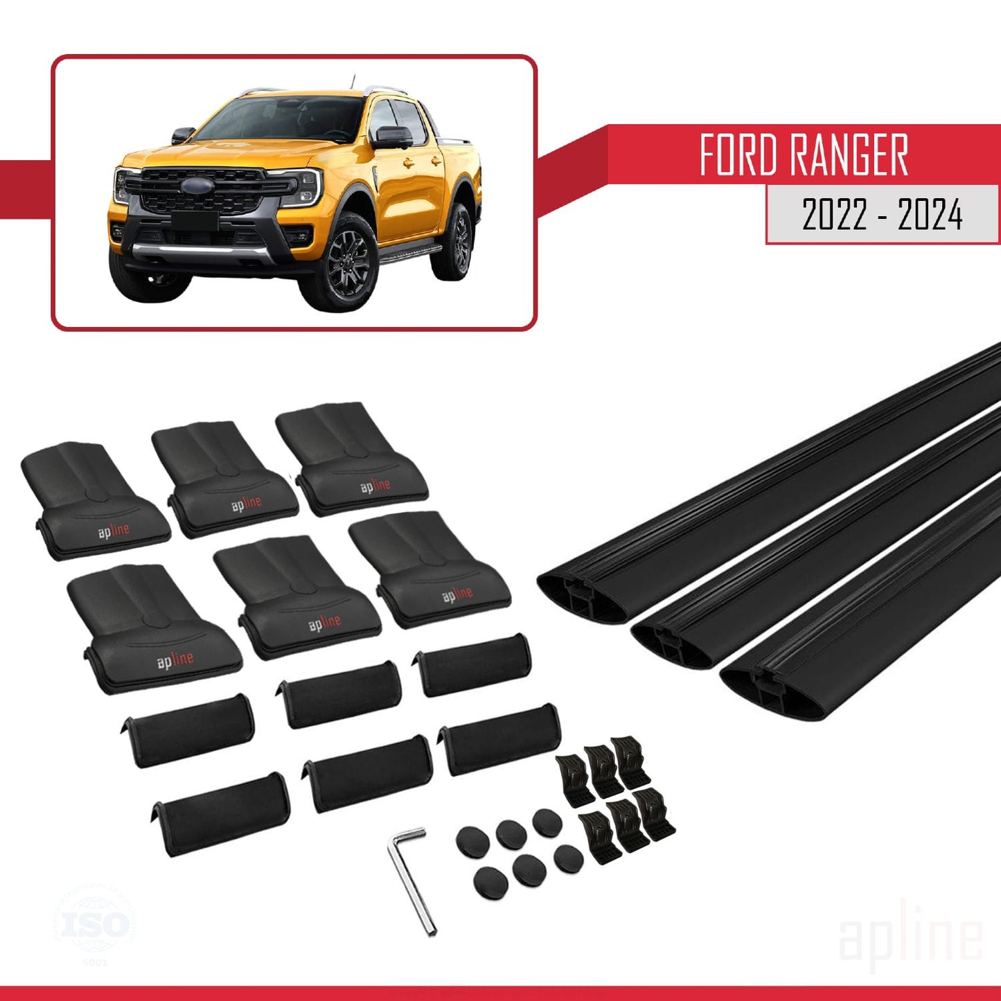 Compatible avec Ford Ranger (P703) 2022-2024 FLY Model Barres de Toit Railing Porte-Bagages de Voiture Noir Aluminium 3 Barres