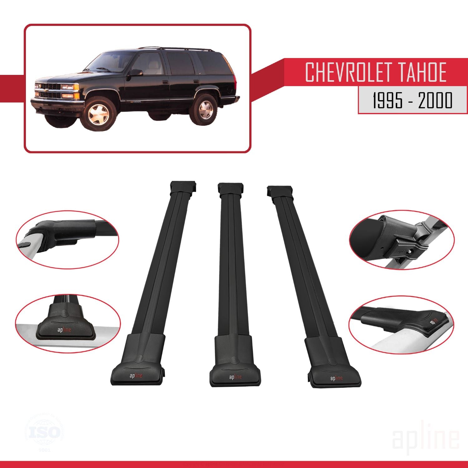 Compatible avec Chevrolet Tahoe 1995-2000 FLY Model Barres de Toit Railing Porte-Bagages de Voiture Noir Aluminium 3 Barres